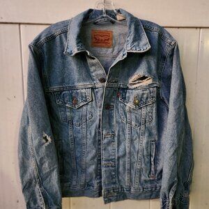 Levi's Authentic Denim Jean Jacket w/ Natural Distressing+Pockets L- DENIM BLUE